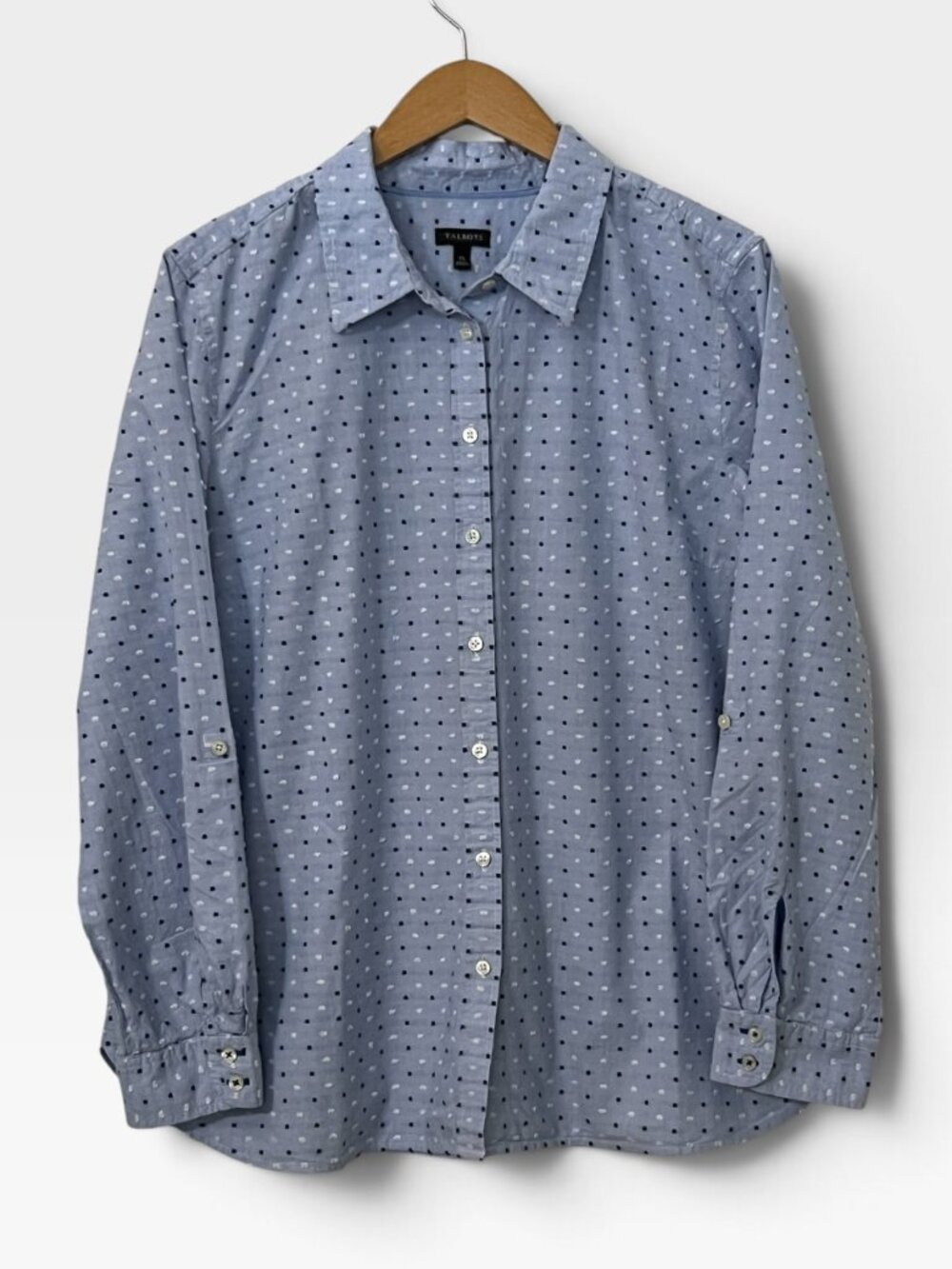 Talbots Swiss Dot Button Down Shirt XL Coastal Grandmother Preppy Roll Tab